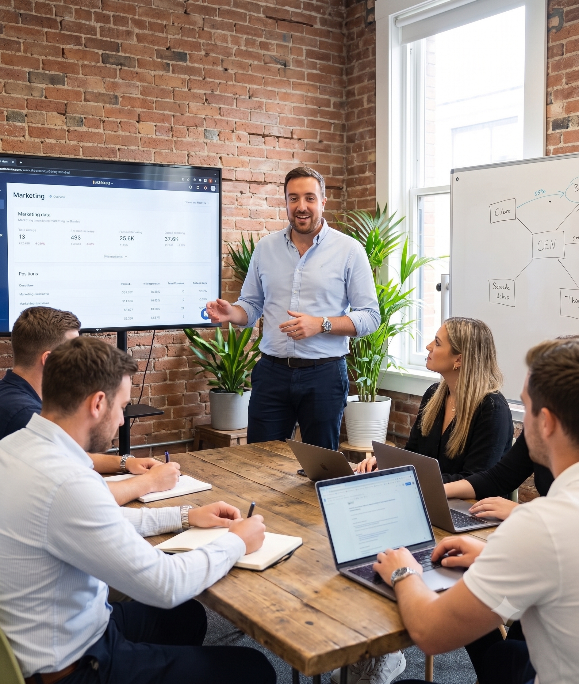 Andy with a team reviewing marketing work
