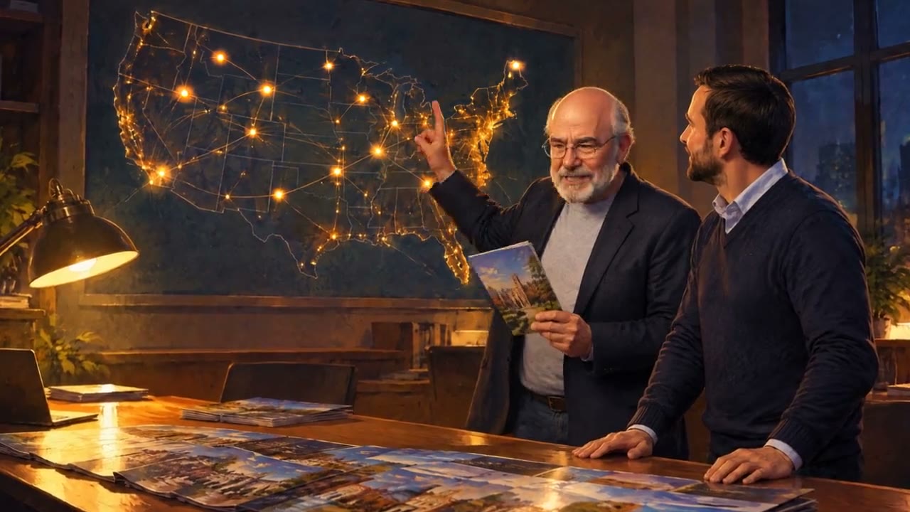 Painted Andy with the dean in front of a glowing map of mailing lists