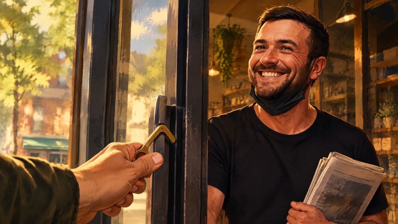 Painted Andy laughing as a hand opens a door with a brass CleanKey