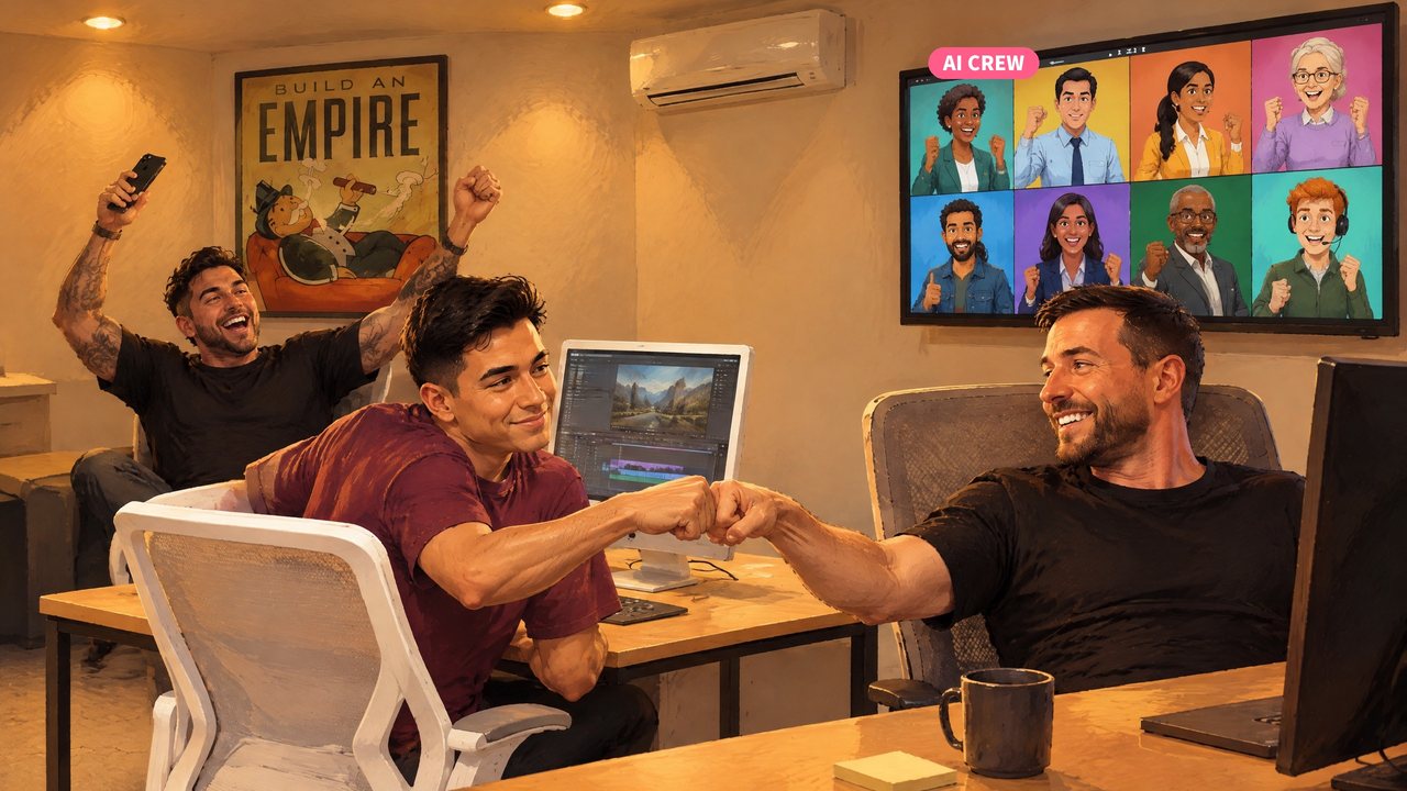 Painted Andy fist-bumping Danny while Jerry cheers, with the AI crew on a screen behind them